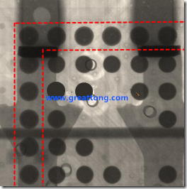 BGA錫球尺寸小于0.4mm，采用降低BGA內(nèi)圍襲球的錫膏量所得到X-Ray，稍微留意一下可以發(fā)現(xiàn)最外圈的錫量(圓的直徑)比其他內(nèi)圍的錫球上的錫量來得多一點點。也就是外圈的黑色圓形直徑比內(nèi)圈的圓形來得大一點點。