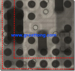 BGA錫球尺寸小于0.4mm，采用降低BGA內(nèi)圍襲球的錫膏量所得到X-Ray，稍微留意一下可以發(fā)現(xiàn)最外圈的錫量(圓的直徑)比其他內(nèi)圍的錫球上的錫量來得多一點點。也就是外圈的黑色圓形直徑比內(nèi)圈的圓形來得大一點點。