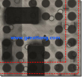 BGA錫球尺寸小于0.4mm，采用降低BGA內(nèi)圍襲球的錫膏量所得到X-Ray，稍微留意一下可以發(fā)現(xiàn)最外圈的錫量(圓的直徑)比其他內(nèi)圍的錫球上的錫量來得多一點點。也就是外圈的黑色圓形直徑比內(nèi)圈的圓形來得大一點點。