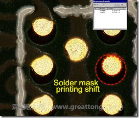 電路板BGA下面的防焊層印刷偏移，造成焊墊大小不一致。