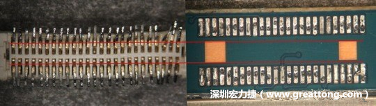 把板對(duì)板連接器與其電路板的佈線焊墊作一個(gè)比較，端子的切斷面有毛邊的地方剛好對(duì)到了裸銅區(qū)。