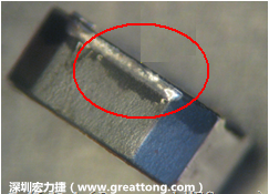 使用錫(Sn)鍍層的電源電感器(Power Inductors)，經(jīng)過推力測試后，其焊點還保留在零件的端點上，所以推力比較高。