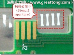 這個(gè)HotBar(熱壓熔錫焊接)吃錫的設(shè)計(jì)已經(jīng)對(duì)了一半，在印刷錫膏的時(shí)候在焊墊的中間位置減少錫膏，如果治具的設(shè)定正確的話，熱壓頭(thermode)要壓在焊墊中間的位置，焊錫的印出來(lái)結(jié)果如下面右圖所示。