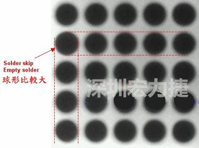 現(xiàn)在我畫幾條直線你再看看是否有發(fā)現(xiàn)那一顆BGA的錫球比較大，有空焊的可能？