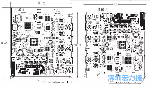 如圖7所示是使用不同數(shù)量邊條的拼板，拼板1僅使用了一個邊條，直接利用PCB另一邊作為SMT工藝傳送邊，并且PCB圖形中有合適的安裝孔；而拼板2則是按常規(guī)設(shè)計(jì)了兩個邊條。拼板方式為連接筋。圖中“Breakaway Tab”指邊條-深圳宏力捷