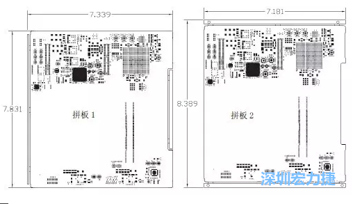 如圖11所示在兩種拼板中PCB單元的邊條位置不同，拼板1中邊條在長邊方向，而拼板2中邊條在短邊方向-深圳宏力捷