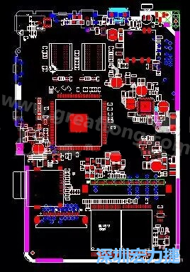 上圖是一個開發(fā)板的PCB，從布局中可以看出各個接口電路分離很明確，SDRAM和DDR以及SD卡接口電路等走線不會造成相互的干擾。-深圳宏力捷