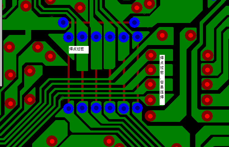 PCB設(shè)計焊點(diǎn)過密，易造成波峰連焊，焊點(diǎn)間漏電