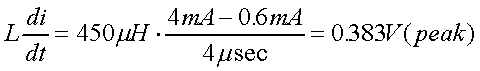 舉例來說，一個閘在"ON"而載有4mA的電流時，突然開關(guān)切到"OFF"且現(xiàn)在載有0.6mA的電流，假設(shè)開關(guān)時間為4msec，載有450mH的電感信號的導體，此時所產(chǎn)生的電壓突波為