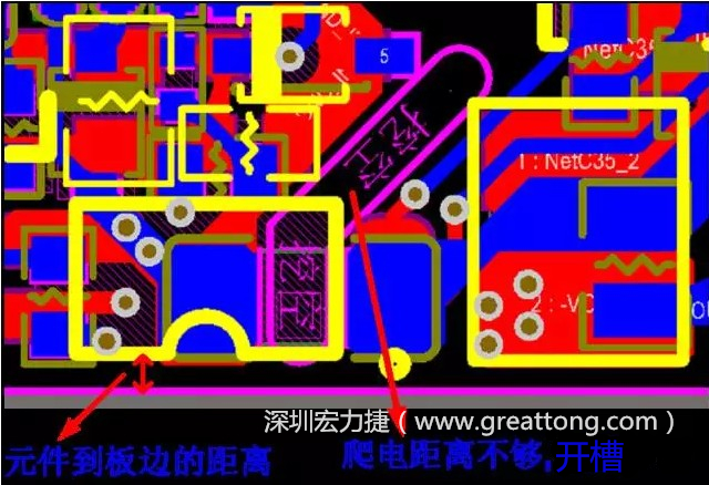 如果碰到模塊PCB空間有限，爬電距離不夠，可以采用開槽的方式