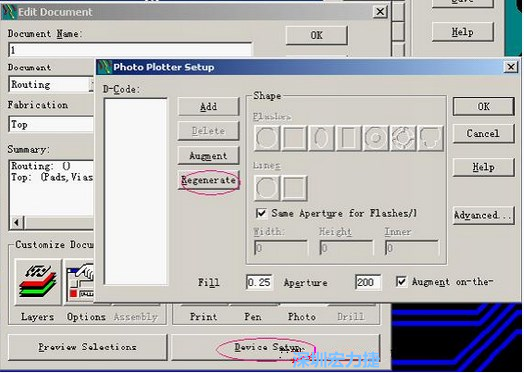 當(dāng)Gerber和鉆孔都設(shè)置完后，選擇一貼片元件較多的層（一般為T(mén)op層），點(diǎn)擊Device SetupPhoto，將 Plotter Setup窗口D-Code欄原有的D碼刪除并按Regenerate重新生成