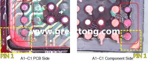 PIN-1的位置很重要，不知道Pin-1在哪里？那你怎么知道斷裂錫球在PCB的位置，如何判斷可能的應(yīng)力(Stress) 影響。一般在PCB的絲印層(白漆)上面一定會標(biāo)示零件的PIN-1位置，有的未打一個圓點，有的會畫三角形，但這張照片在PCB的PIN-1被紅墨水遮住了，如果可以的話建議那一塊沒有紅墨水的板子對照一下。
