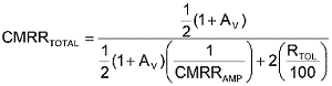 方程式1是從理想運算放大器的CMRR等式中匯出，其中CMRRAMP被假定為非常大(無窮大)。