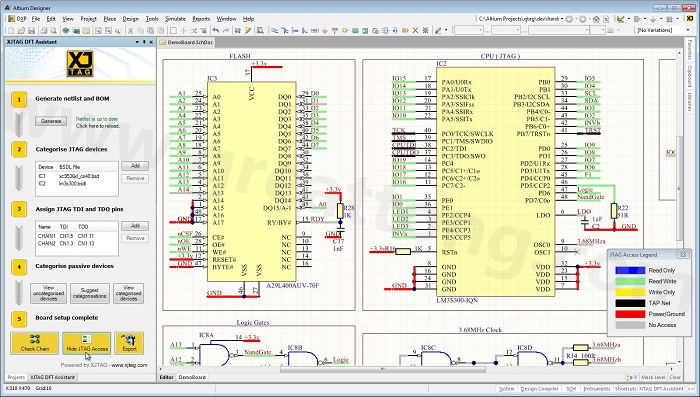 XJTAG DFT Assistant的Access Viewer模式可以清楚地顯示可用的測試存取層級，讓電路板設(shè)計人員在展開PCB布局以前的原理圖擷取階段盡可能地提高測試存取能力