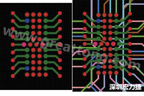 圖7：焊盤內(nèi)過孔用于內(nèi)部，而外部接腳在0.5mm閘格上扇出。圖7a顯示的是頂層(左)；圖7b顯示頂層和內(nèi)部布線層(右)。