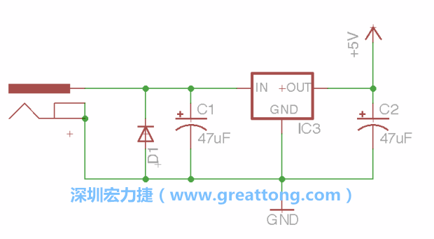 新增RBBB→Power_Jack，將它放在電壓調(diào)整器的輸入端旁邊。