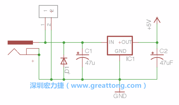 2.5.    新增一個二極體，它會以水平的狀態(tài)出現(xiàn)在屏幕上，請使用「旋轉(zhuǎn)（Rotate）」工具把它負極那一面朝上，并且用「網(wǎng)絡(luò)連接」工具將它連接在電壓調(diào)整器的輸入端和接地端之間。