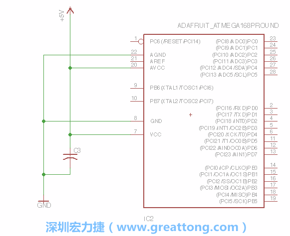 3.1.    新增微控制器晶片（RBBB → ATmega），把它放在電路原理圖的中央附近，把它的兩個接地接頭連接到接地訊號端。