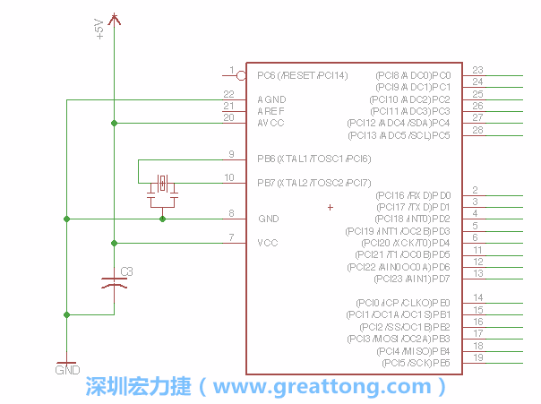 3.2.    在靠近ATmega的電源供應針腳7的位置放置一個0.1μF的電容，將它分別連接電源、接地端和針腳7。