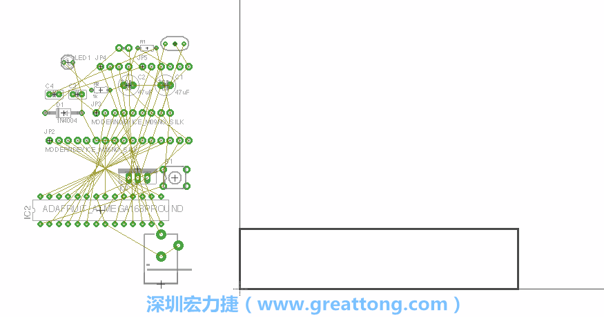 第一次執(zhí)行布線編輯器時(shí)，你會(huì)發(fā)現(xiàn)有兩個(gè)區(qū)塊，左邊的區(qū)塊非?；靵y，而右邊的區(qū)塊則是一個(gè)長(zhǎng)方形的工作區(qū)域，EAGLE免費(fèi)版會(huì)限制你的工作區(qū)域在4” x 3.2”的范圍內(nèi)，如果你試圖將元件擺放在工作區(qū)外的話，就會(huì)跳出警示訊息。