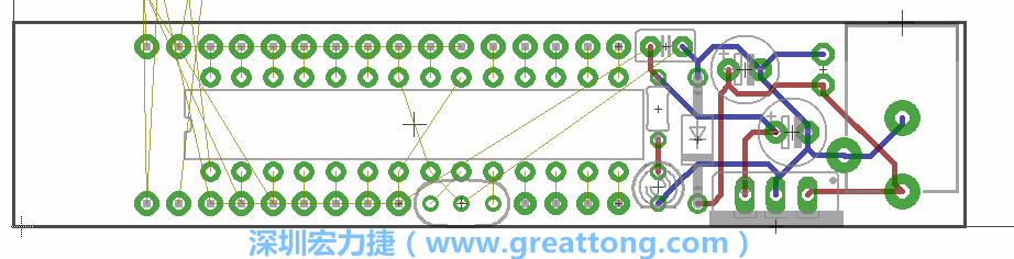 將ATmega微控制器、三個(gè)GPIO排針（JP2, JP3, JP4）和諧振器（resonator）排置如上圖所示。