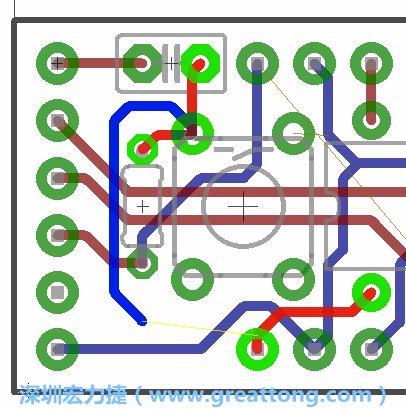 要在電路板正面進(jìn)行+5V信號(hào)線連結(jié)和其他連結(jié)點(diǎn)的布線工作是非常容易的，而重置信號(hào)線（信號(hào)線用來(lái)連結(jié)電路板正面左邊的重置開關(guān)）需要經(jīng)過(guò)一個(gè)可以通過(guò)電路板正反兩面的電路通道，這個(gè)通道是一個(gè)可以讓電路板正反兩面線路連接的一個(gè)小孔。