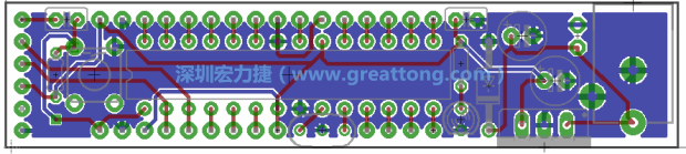 第二篇文章則帶領(lǐng)你進(jìn)行電路板上的布線、連結(jié)點(diǎn)的配置，并利用「設(shè)計(jì)規(guī)則檢查（Design Rule Check）」測試你的設(shè)計(jì)，第二篇文章的電路板設(shè)計(jì)圖將如下所示：