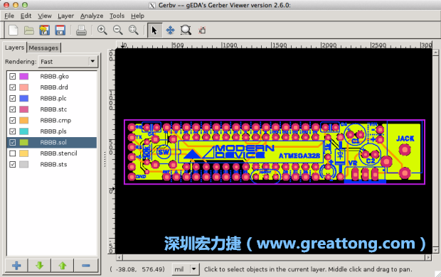 將圖層匯入你的Gerber預(yù)覽工具內(nèi)（下圖為Gerbv），我通常會從上到下重新排列它們的順序，好讓我比較好校對：