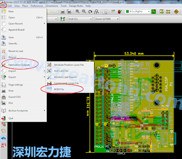 在Kicad的PCB Editor, 點(diǎn)選 File->Fabrication Outputs->BOM File, 即可產(chǎn)生一個(gè) .csv 的Excel 檔案。