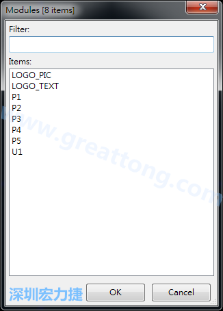 從目前正在編輯的PCB載入Module， 會顯示有那些項目可載入。點選一個， OK后即完成載入