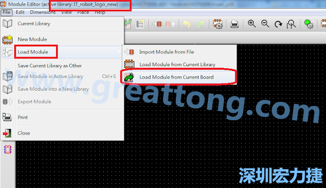 進入Module Editor去載入其他Footprint(Module)進來， 從目前的Active library (不過要先選取一個Current library ) 載入Module 或從目前正在編輯的PCB載入Module。