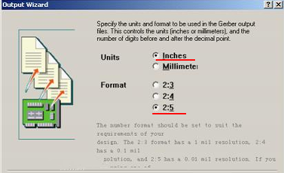 在上圖中選擇“Inches 2：5”，以確保資料精度，反之線寬、線距或孔有偏移現(xiàn)象