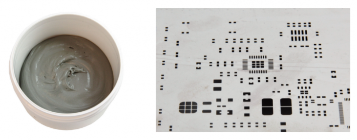 焊膏（左），PCB模板激光切割孔（右）